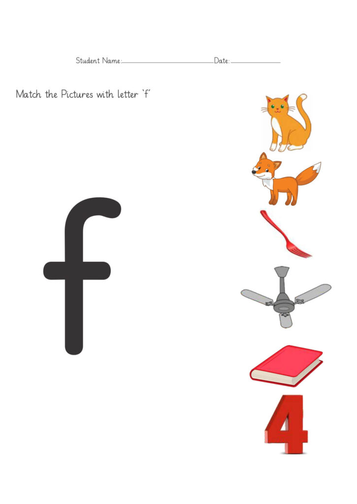 Colorful Alphabet F worksheets for preschool learning activities