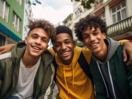 A diverse group of boys smiling together, representing individuality and unique names in the new generation.